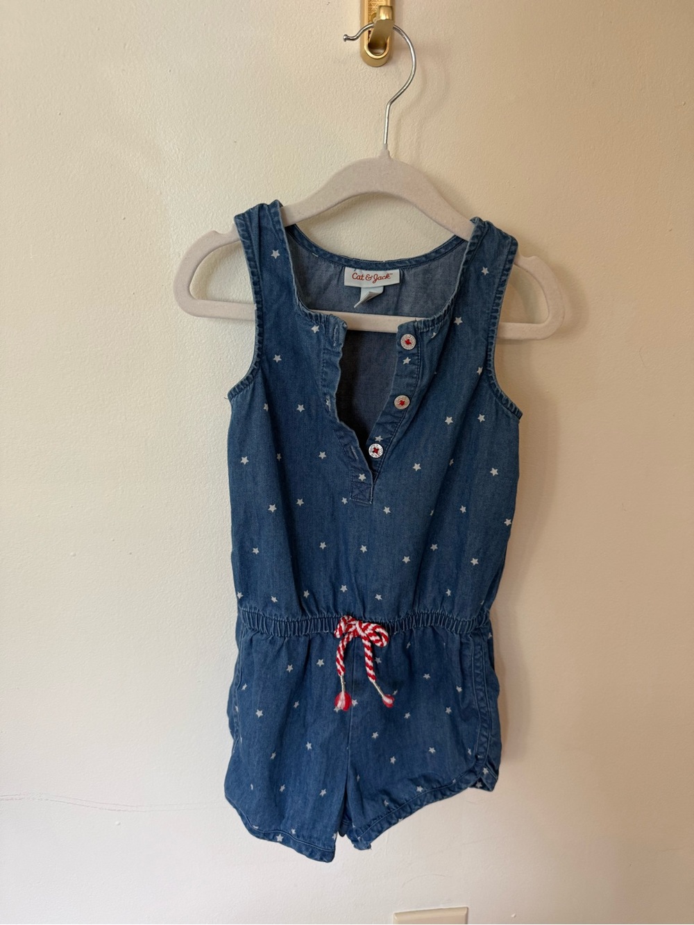 Cat & Jack Navy Star Denim Romper with Red Drawstring